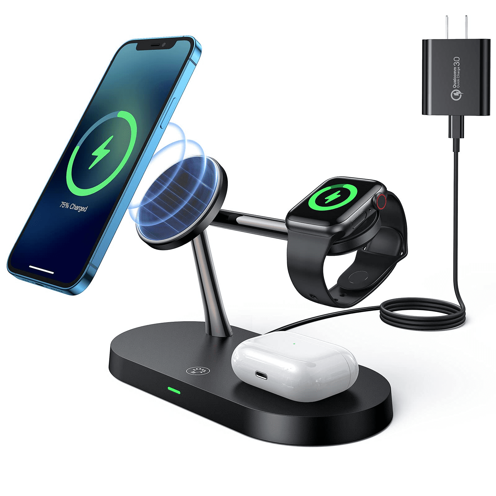 UUTO 5 in 1 Magnetic Wireless Charger Compatible for iPhone 13/12 Series, iWatch 7/SE/6/5/4/3/2, Airpods 3/2/Pro, 15W Fast Wireless Charging Station with QC 3.0 Adapter
