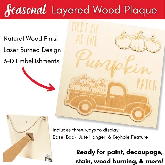 Plaid Beige Unpainted Wood Surface Plaque, Pumpkin Patch, 12" x 12" (2pk)
