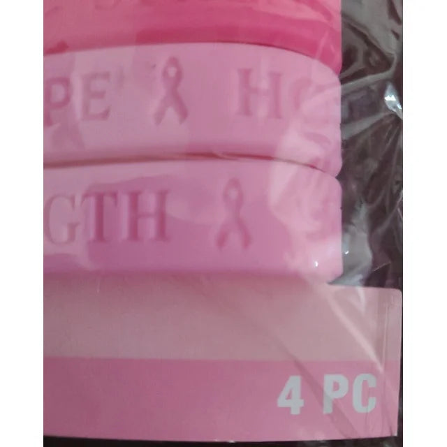 Breast Cancer Awareness Bracelets Pink Ribbon Hope Strength Silicone 4 pcs each, 2pk