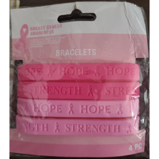 Breast Cancer Awareness Bracelets Pink Ribbon Hope Strength Silicone 4 pcs each, 2pk