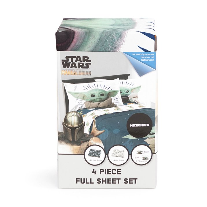 Baby Yoda Powerful Child Kids 4-Piece Full Sheet Set, Microfiber, Blue, Star Wars