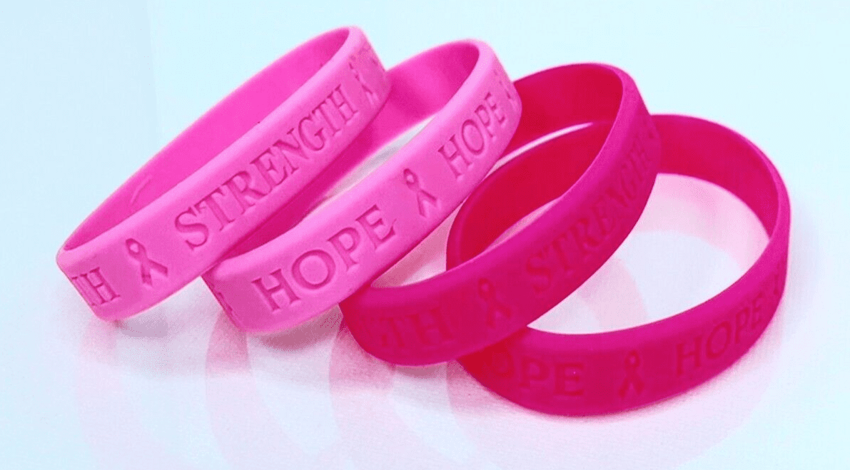Breast Cancer Awareness Bracelets Pink Ribbon Hope Strength Silicone 4 pcs each, 2pk