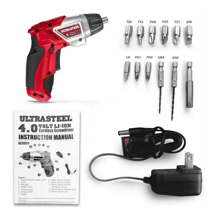 ULTRA STEEL 4V Lithium-Ion Cordless Rechargeable Dual-Position Screwdriver, 6+1 Torque Settings, LED Light w/ 1-Year Warranty, 2pc Drill Bit, 10pcs Driver Bits