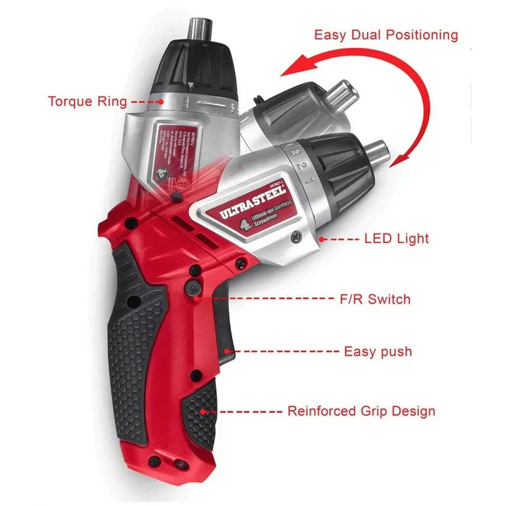 ULTRA STEEL 4V Lithium-Ion Cordless Rechargeable Dual-Position Screwdriver, 6+1 Torque Settings, LED Light w/ 1-Year Warranty, 2pc Drill Bit, 10pcs Driver Bits