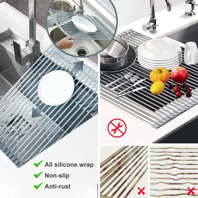 Roll Up Dish Drying Rack, Tough Steel Iron Rod )Dish Drainer for Kitchen (17''x 13'') 2pk