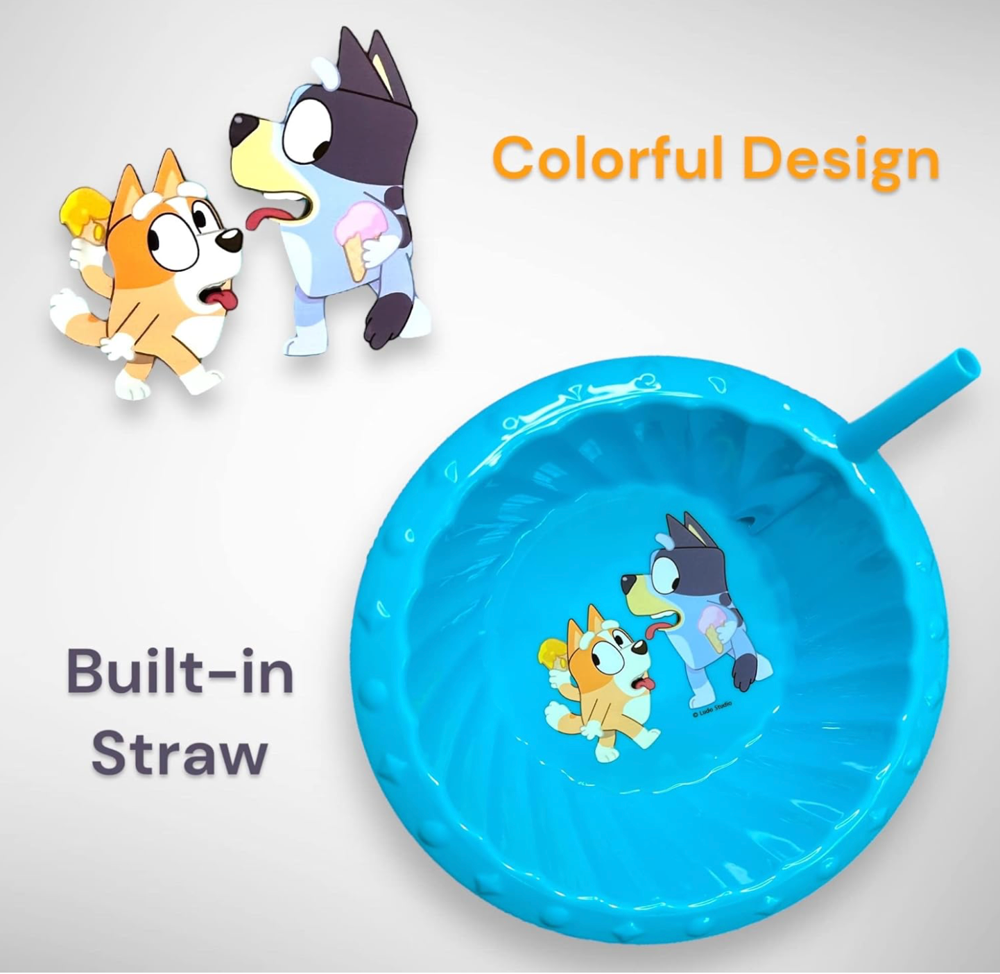 Bluey Character Cereal Bowl with Built-in Straw 2pk