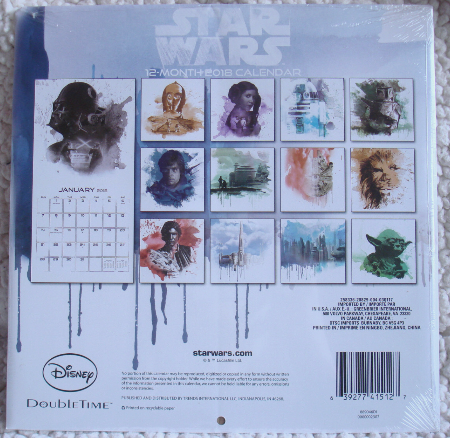 2018 Licensed Characters 12- Month Wall Calendars, 10x10 in. (Disney Star Wars)