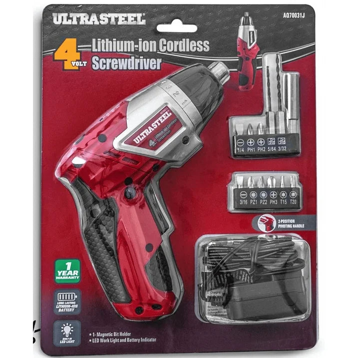 ULTRA STEEL 4V Lithium-Ion Cordless Rechargeable Dual-Position Screwdriver, 6+1 Torque Settings, LED Light w/ 1-Year Warranty, 2pc Drill Bit, 10pcs Driver Bits