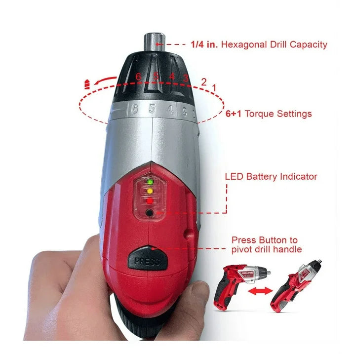 ULTRA STEEL 4V Lithium-Ion Cordless Rechargeable Dual-Position Screwdriver, 6+1 Torque Settings, LED Light w/ 1-Year Warranty, 2pc Drill Bit, 10pcs Driver Bits
