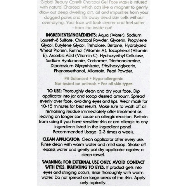 Global Beauty Care Charcoal Gel Face Mask 1.7 Oz With Applicator 2pk