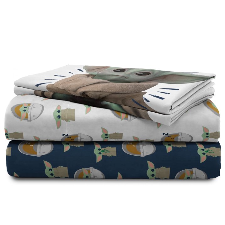 Baby Yoda Powerful Child Kids 4-Piece Full Sheet Set, Microfiber, Blue, Star Wars