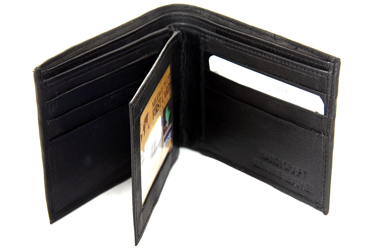 Men's Double Bill Bifold 6 Credit Card 2 ID Window Leather Black Wallet 3.5 x 4.5 inches pack of 2